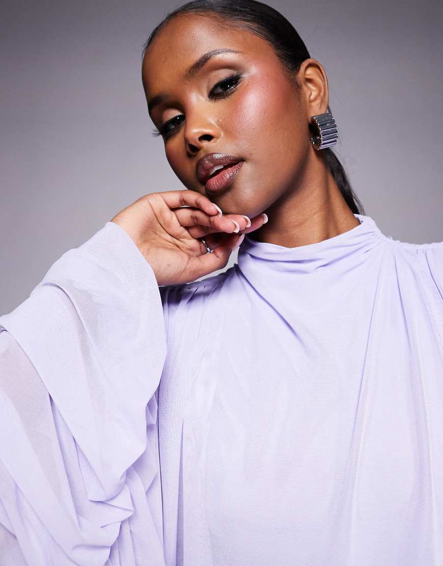 ASOS DESIGN Curve mesh draped blouson long sleeve maxi dress with ruched skirt in lilac