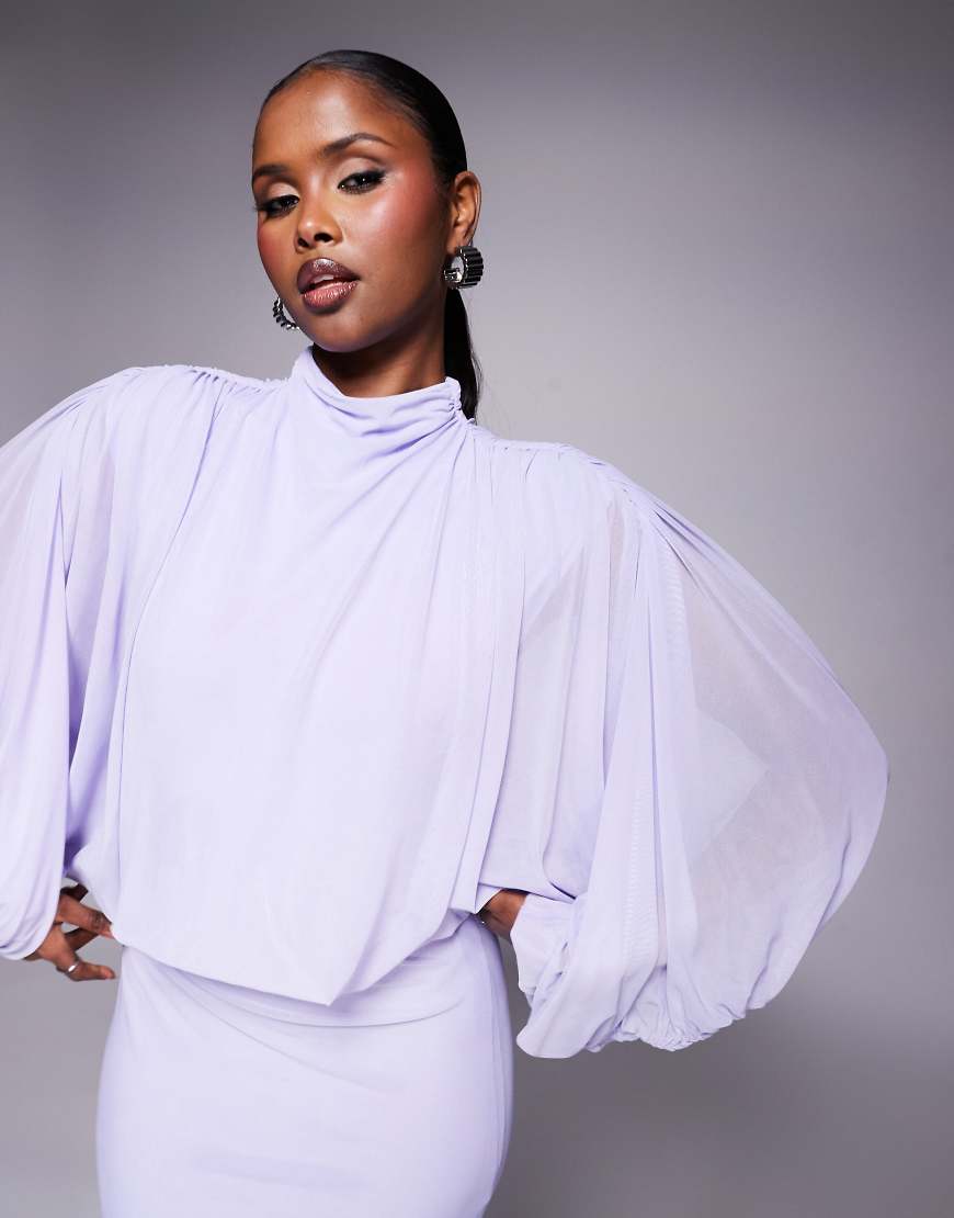 ASOS DESIGN Curve mesh draped blouson long sleeve maxi dress with ruched skirt in lilac