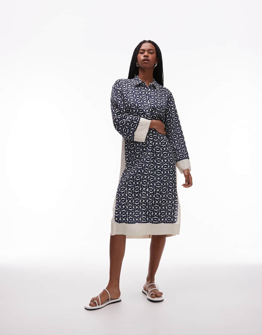 ARKET long sleeve midi shirt dress in blue and white print