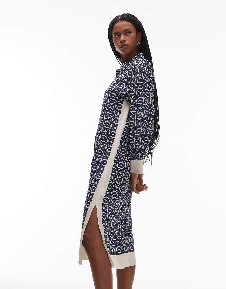 ARKET long sleeve midi shirt dress in blue and white print
