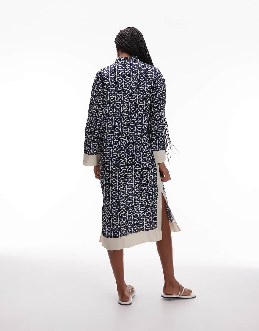 ARKET long sleeve midi shirt dress in blue and white print