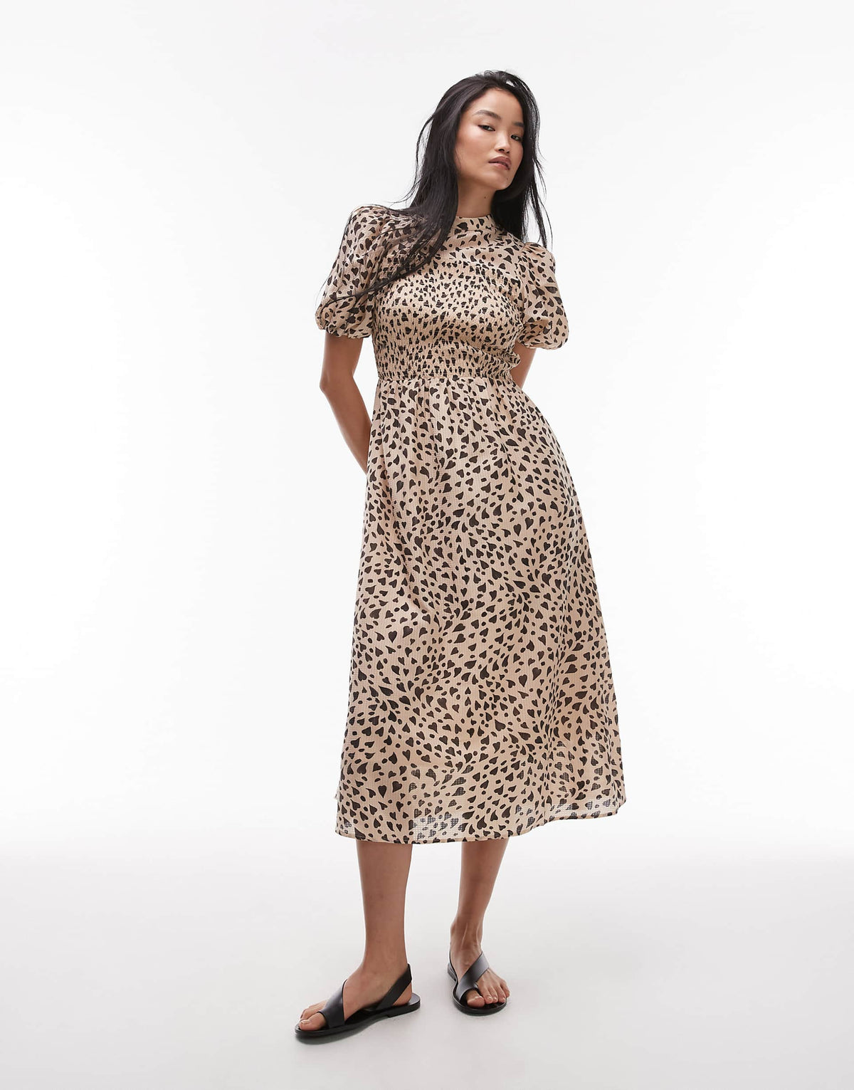 & Other Stories puff sleeves midi dress with shirred bodice in black and beige hearts print