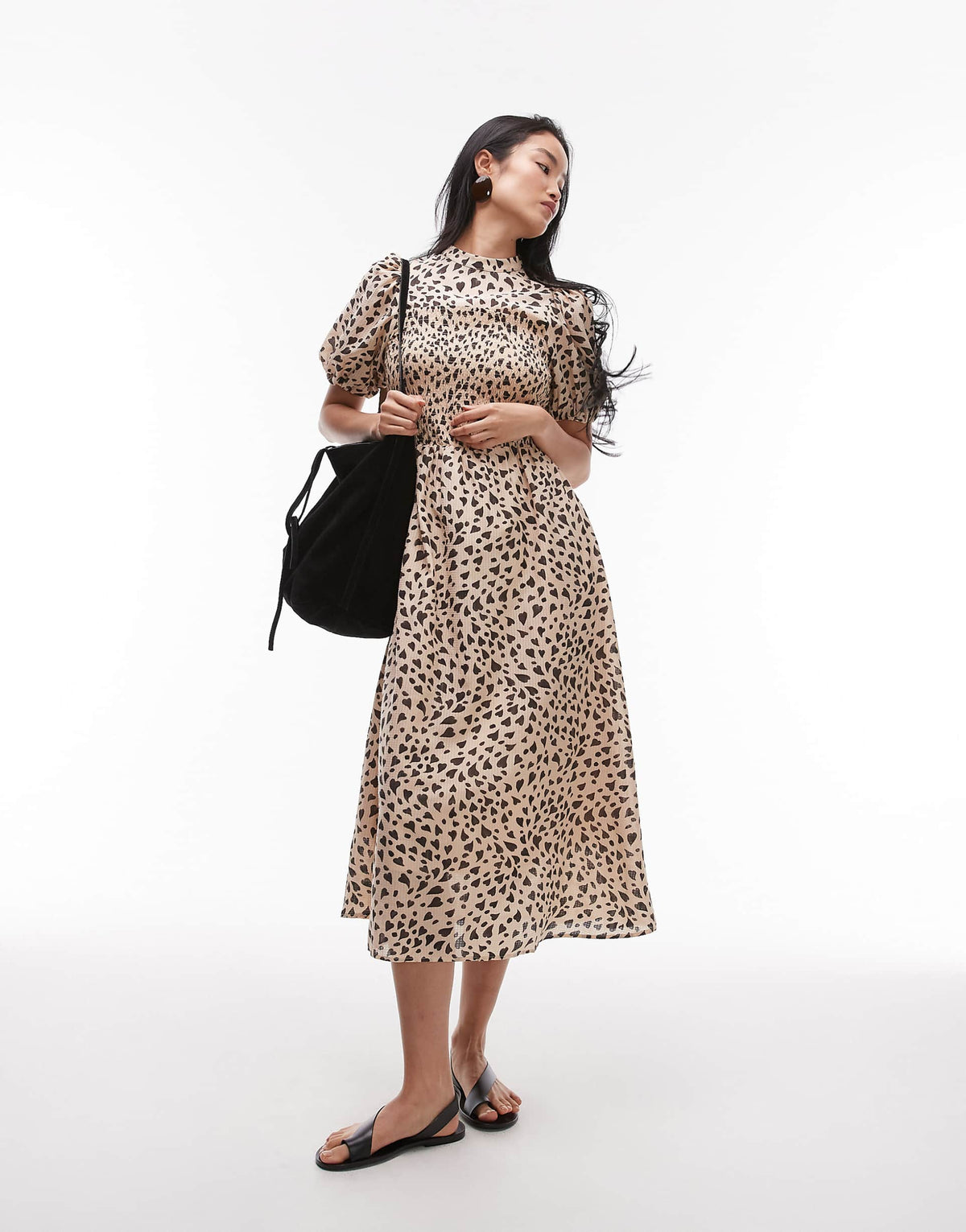 & Other Stories puff sleeves midi dress with shirred bodice in black and beige hearts print