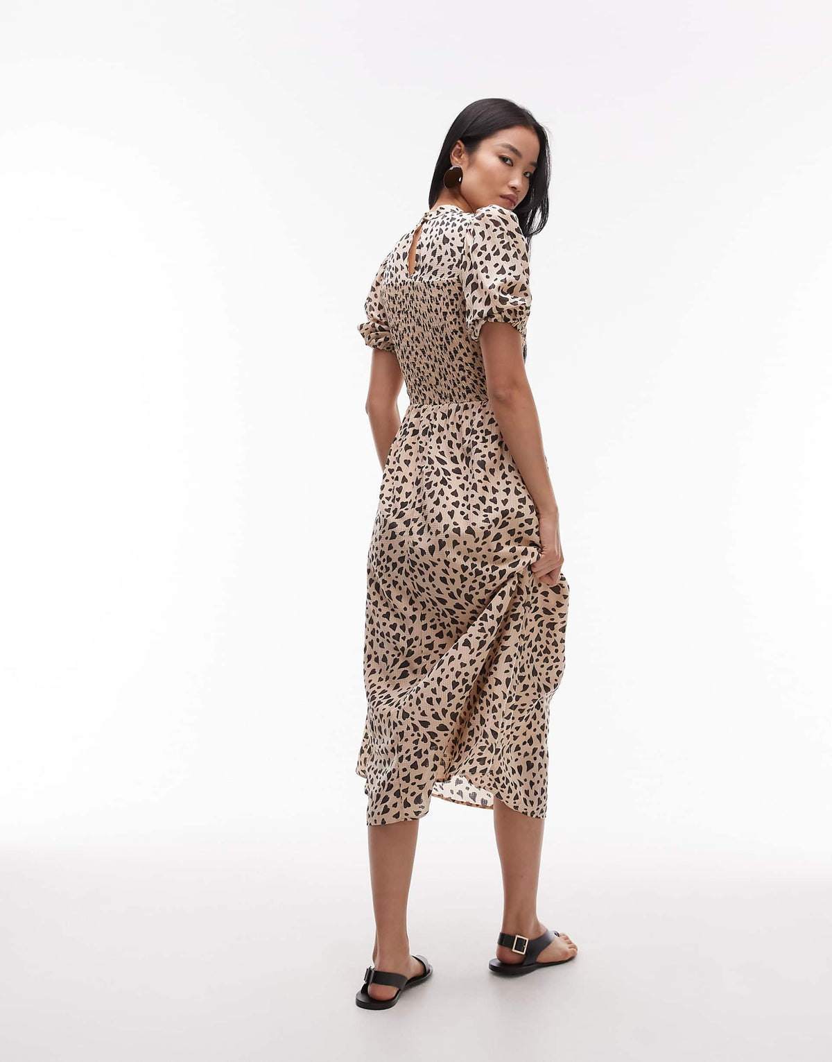 & Other Stories puff sleeves midi dress with shirred bodice in black and beige hearts print