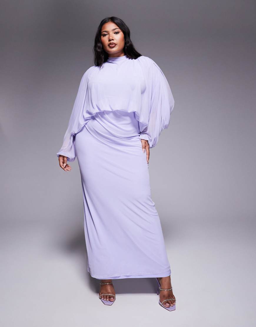 ASOS DESIGN Curve mesh draped blouson long sleeve maxi dress with ruched skirt in lilac