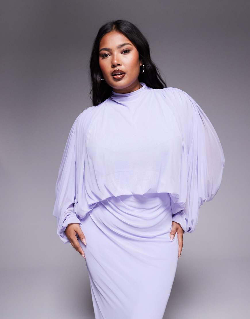 ASOS DESIGN Curve mesh draped blouson long sleeve maxi dress with ruched skirt in lilac