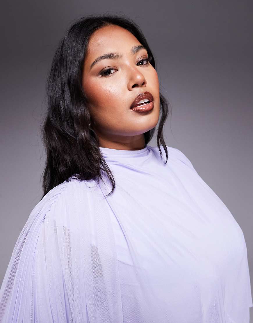 ASOS DESIGN Curve mesh draped blouson long sleeve maxi dress with ruched skirt in lilac
