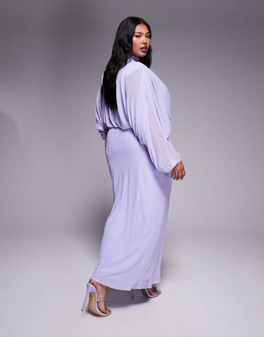 ASOS DESIGN Curve mesh draped blouson long sleeve maxi dress with ruched skirt in lilac