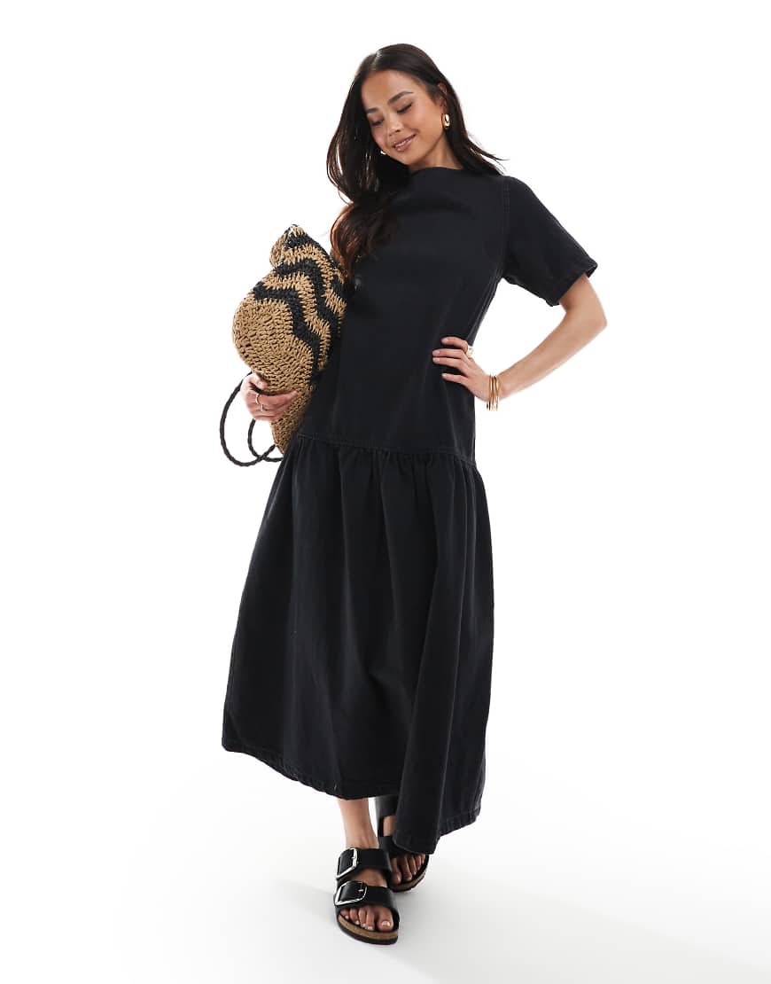 ASOS DESIGN denim t-shirt midi dress with dropped waist in black