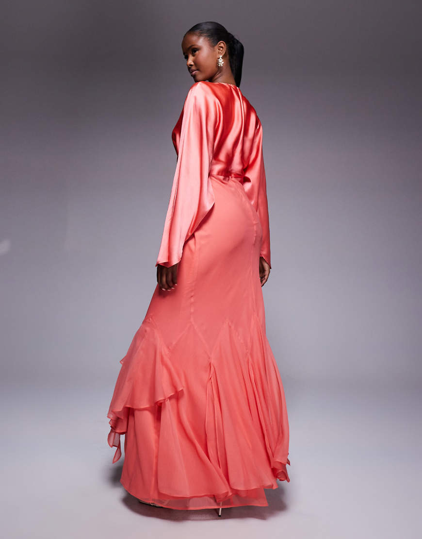 ASOS DESIGN cape sleeve godet maxi dress in coral