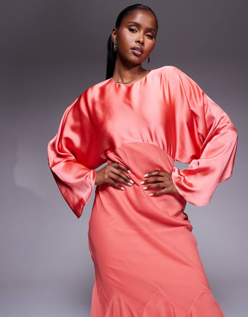ASOS DESIGN cape sleeve godet maxi dress in coral