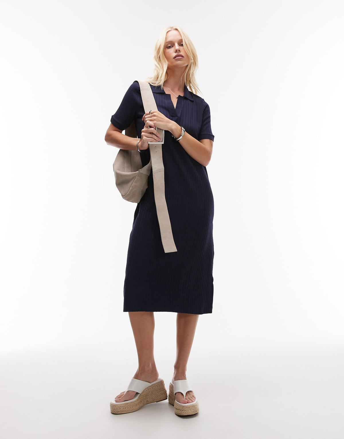ARKET jersey ribbed midi polo dress in navy