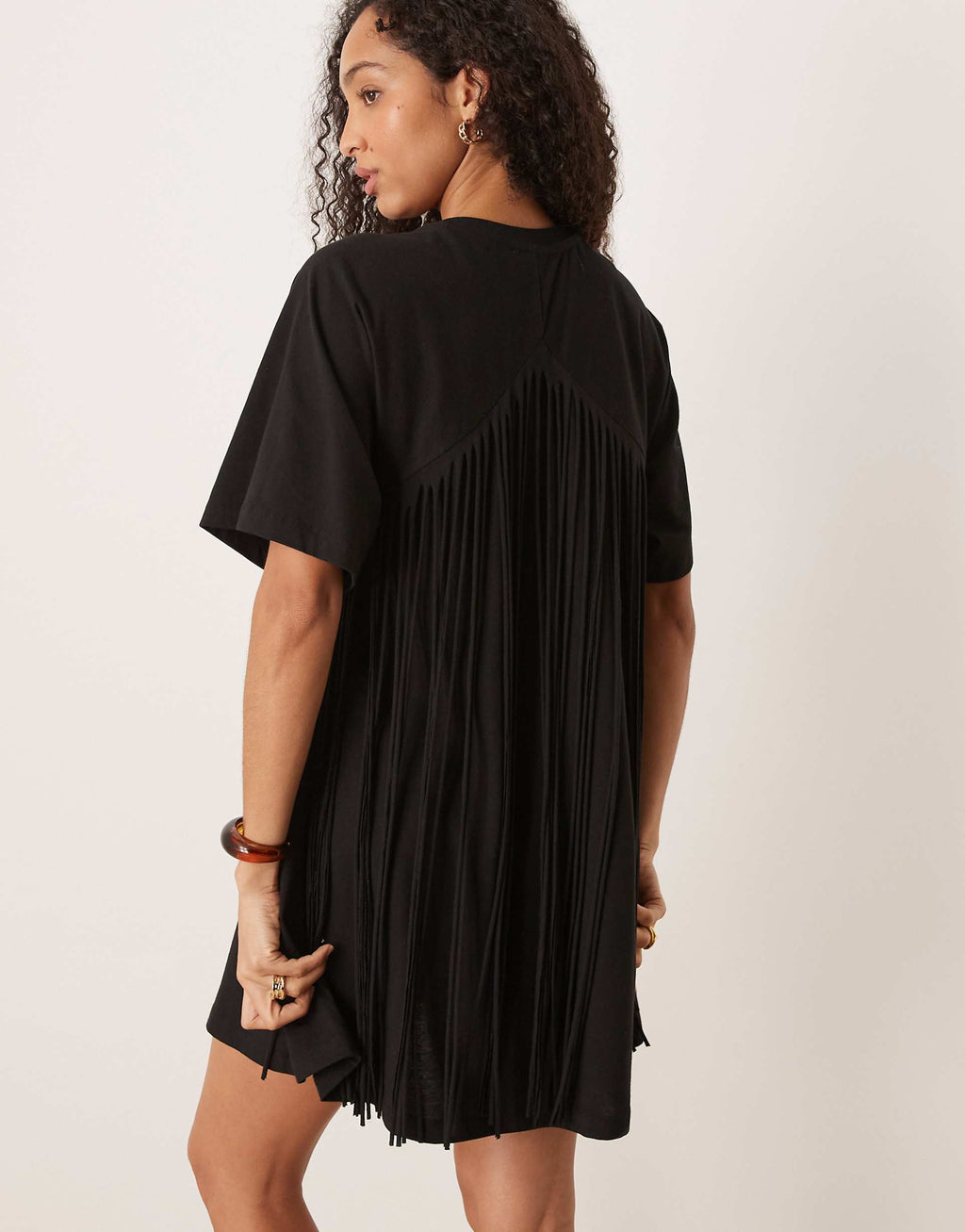 ASOS DESIGN t-shirt swing dress with fringe back detail in black
