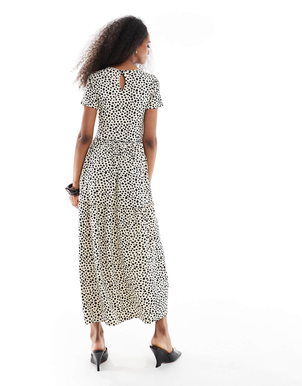 Wednesday's Girl smudged polka dot tiered midaxi dress in light beige