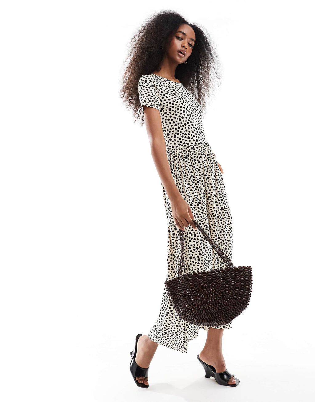 Wednesday's Girl smudged polka dot tiered midaxi dress in light beige