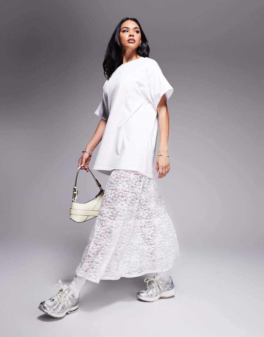 ASOS DESIGN 2 in 1 t-shirt midi dress with tiered lace skirt in white