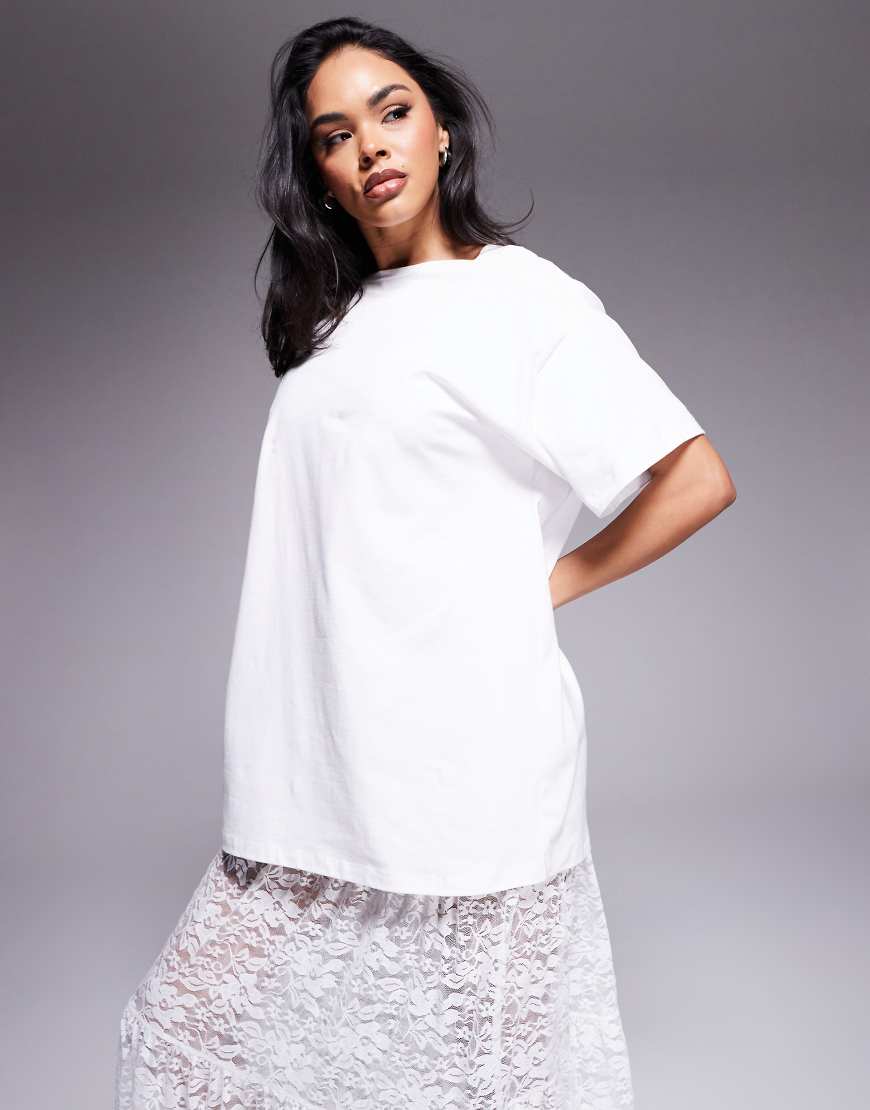 ASOS DESIGN 2 in 1 t-shirt midi dress with tiered lace skirt in white
