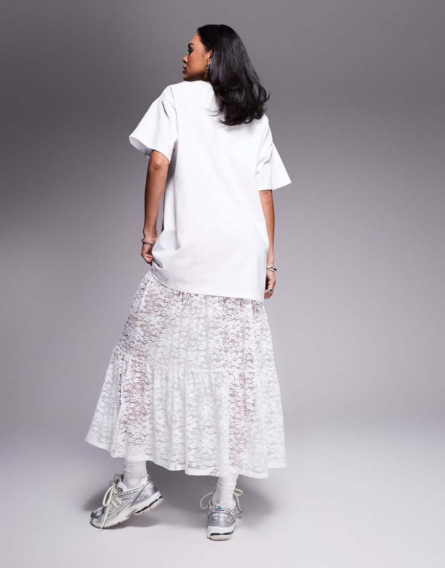 ASOS DESIGN 2 in 1 t-shirt midi dress with tiered lace skirt in white