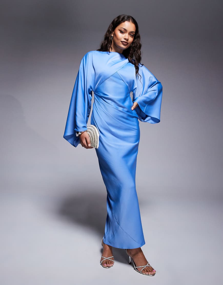 Petite wrap front batwing satin bias maxi dress in dusky blue