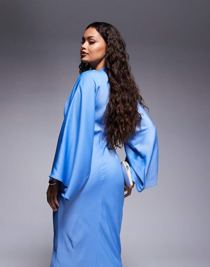 Petite wrap front batwing satin bias maxi dress in dusky blue