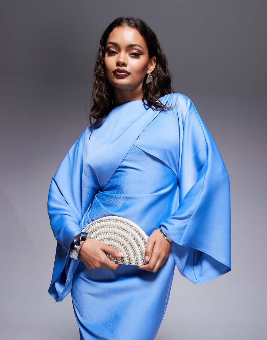 Petite wrap front batwing satin bias maxi dress in dusky blue