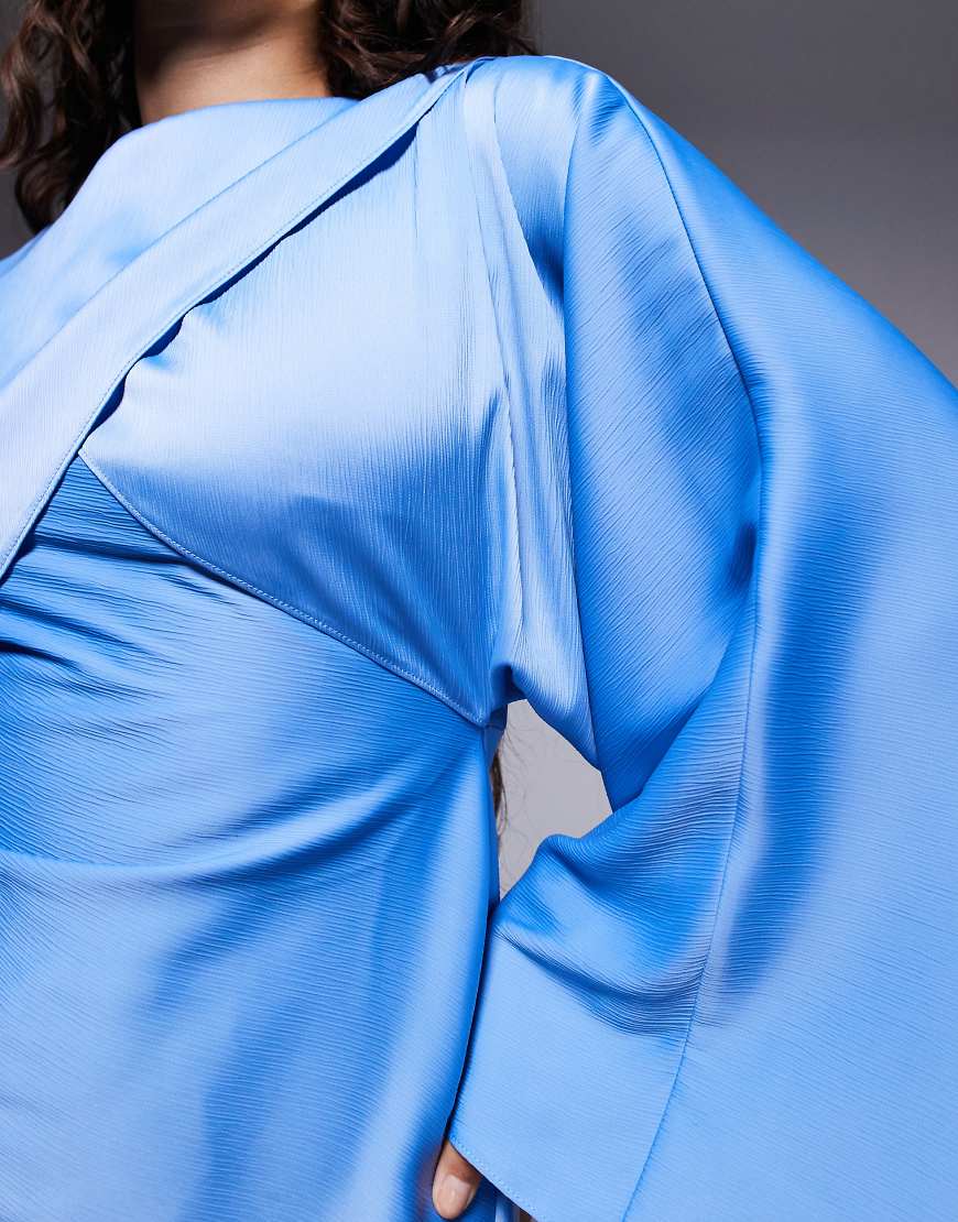 Petite wrap front batwing satin bias maxi dress in dusky blue