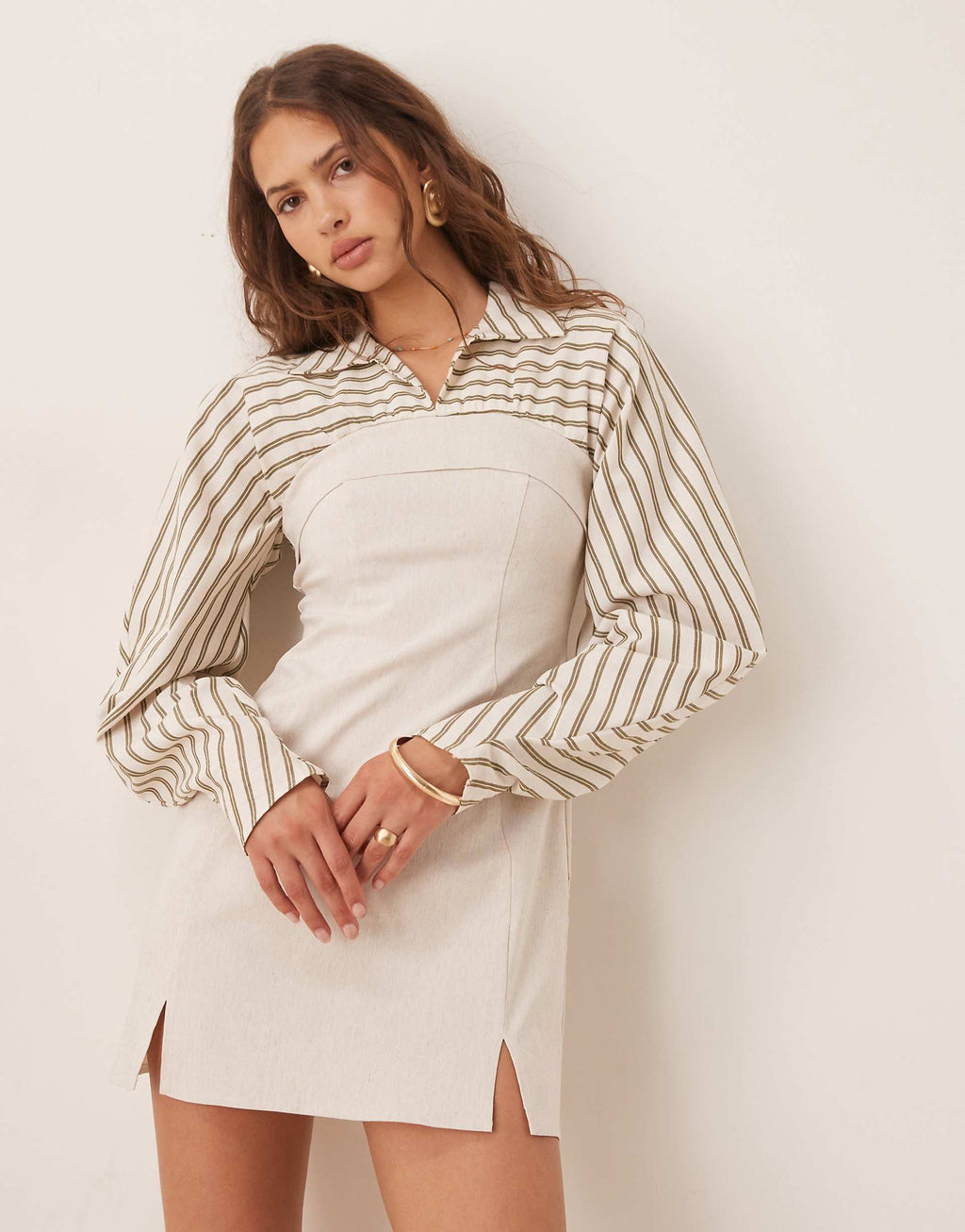 ASOS DESIGN 2 in 1 linen blend bengaline and striped shirt mini dress in natural