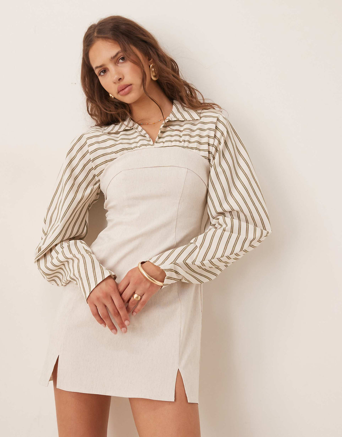ASOS DESIGN 2 in 1 linen blend bengaline and striped shirt mini dress in natural