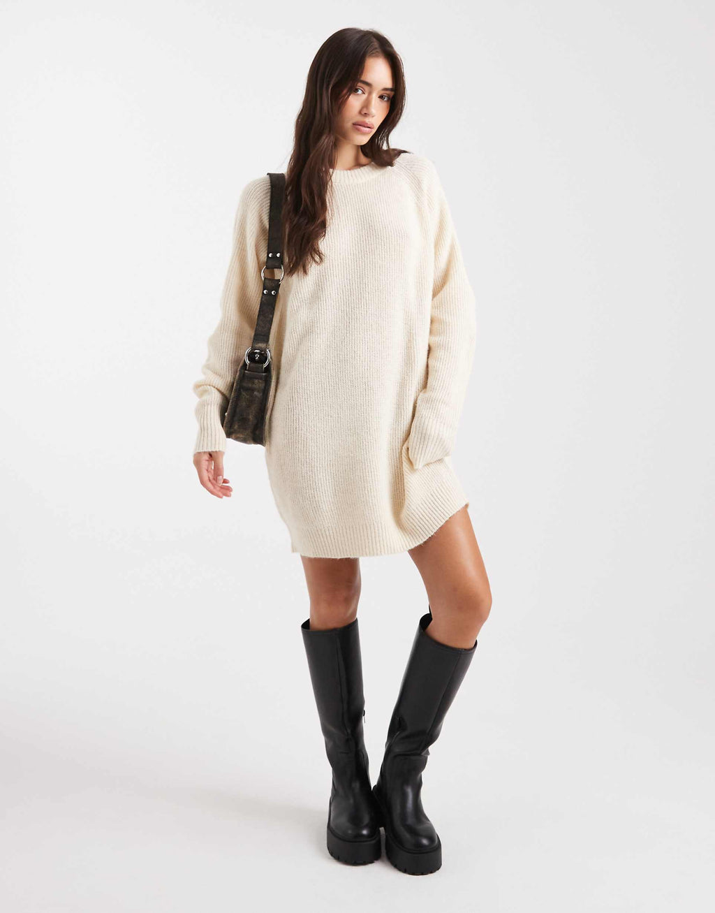 Miss Selfridge crew neck knit mini dress in cream