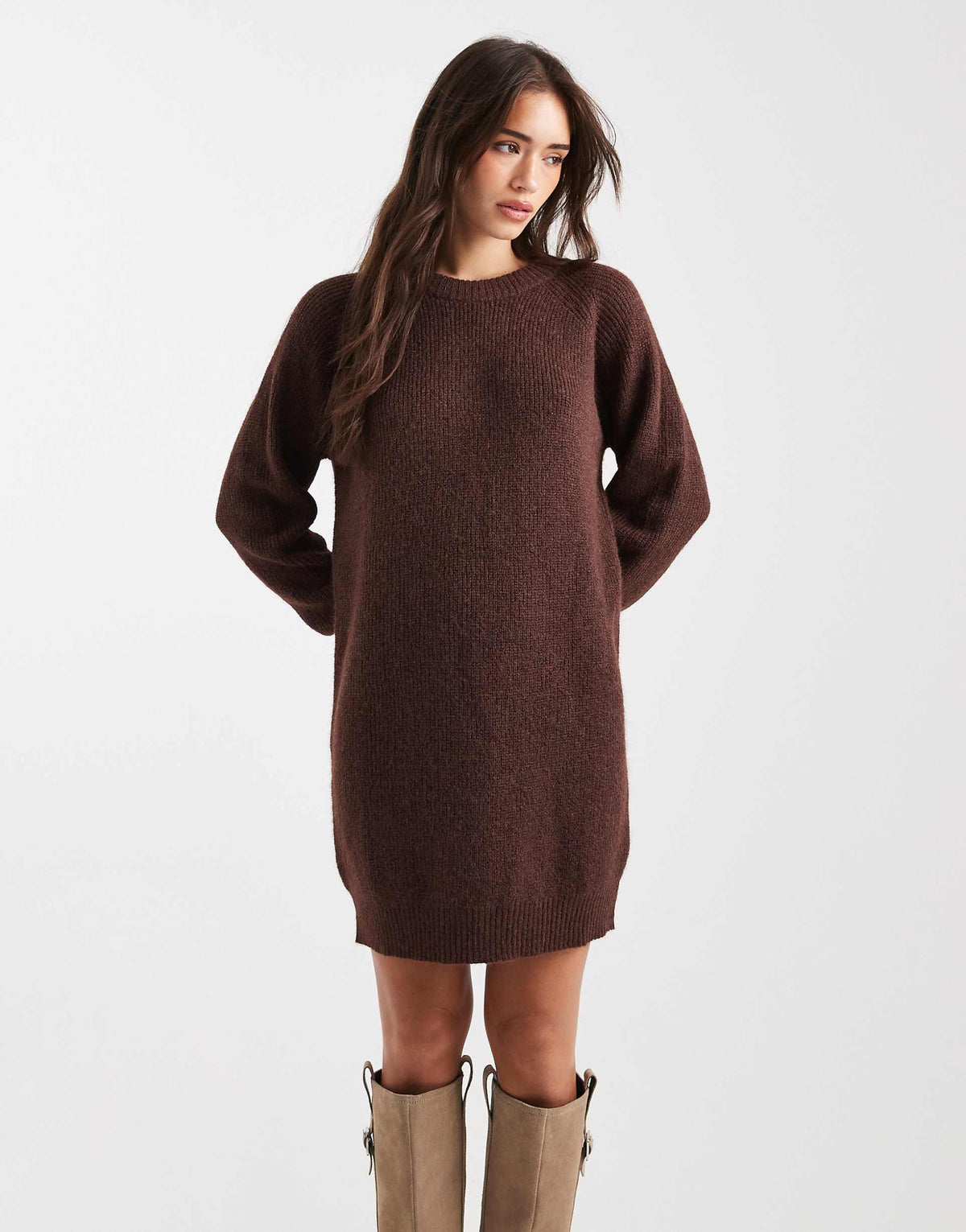 Miss Selfridge crew neck knit mini dress in chocolate