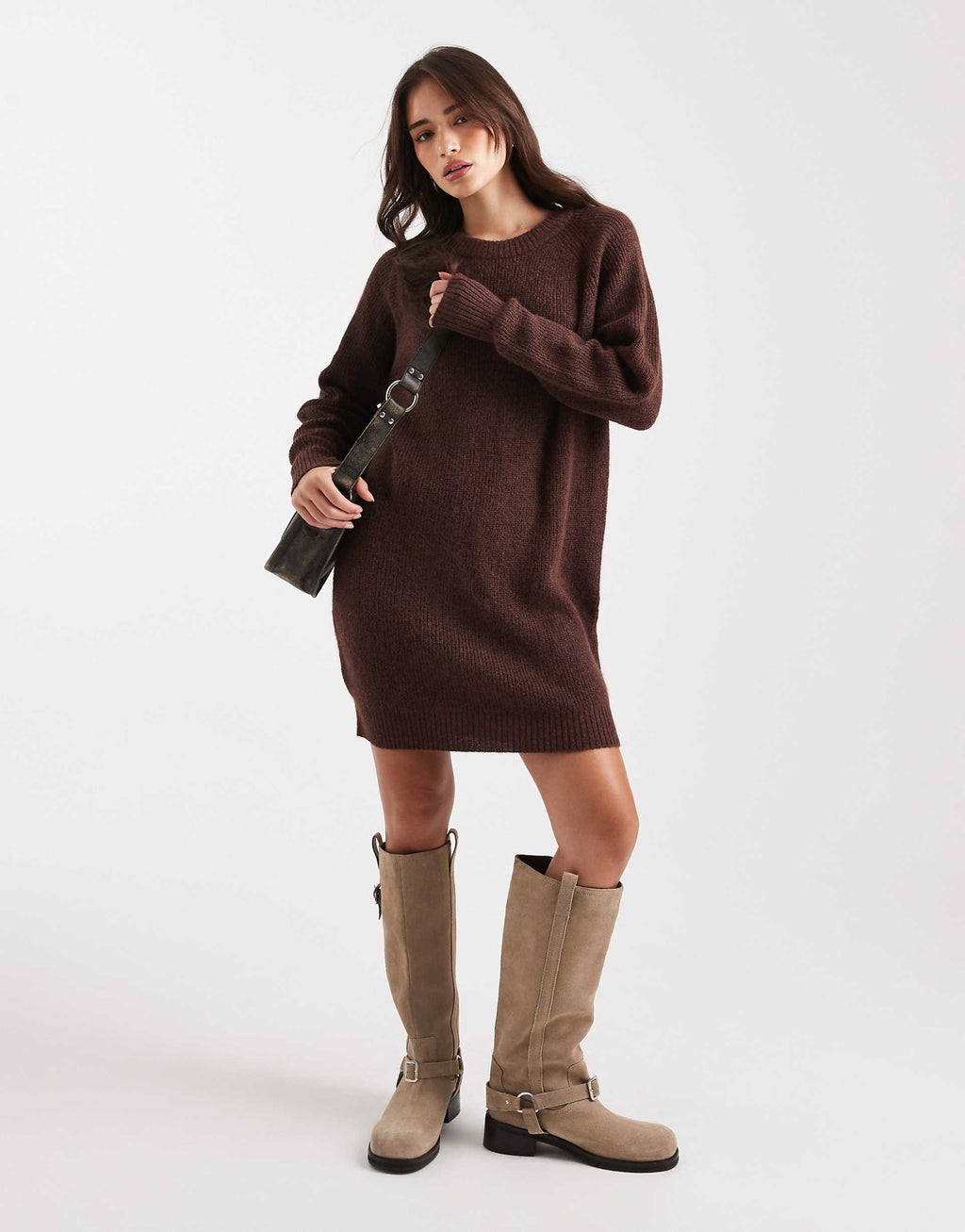 Miss Selfridge crew neck knit mini dress in chocolate