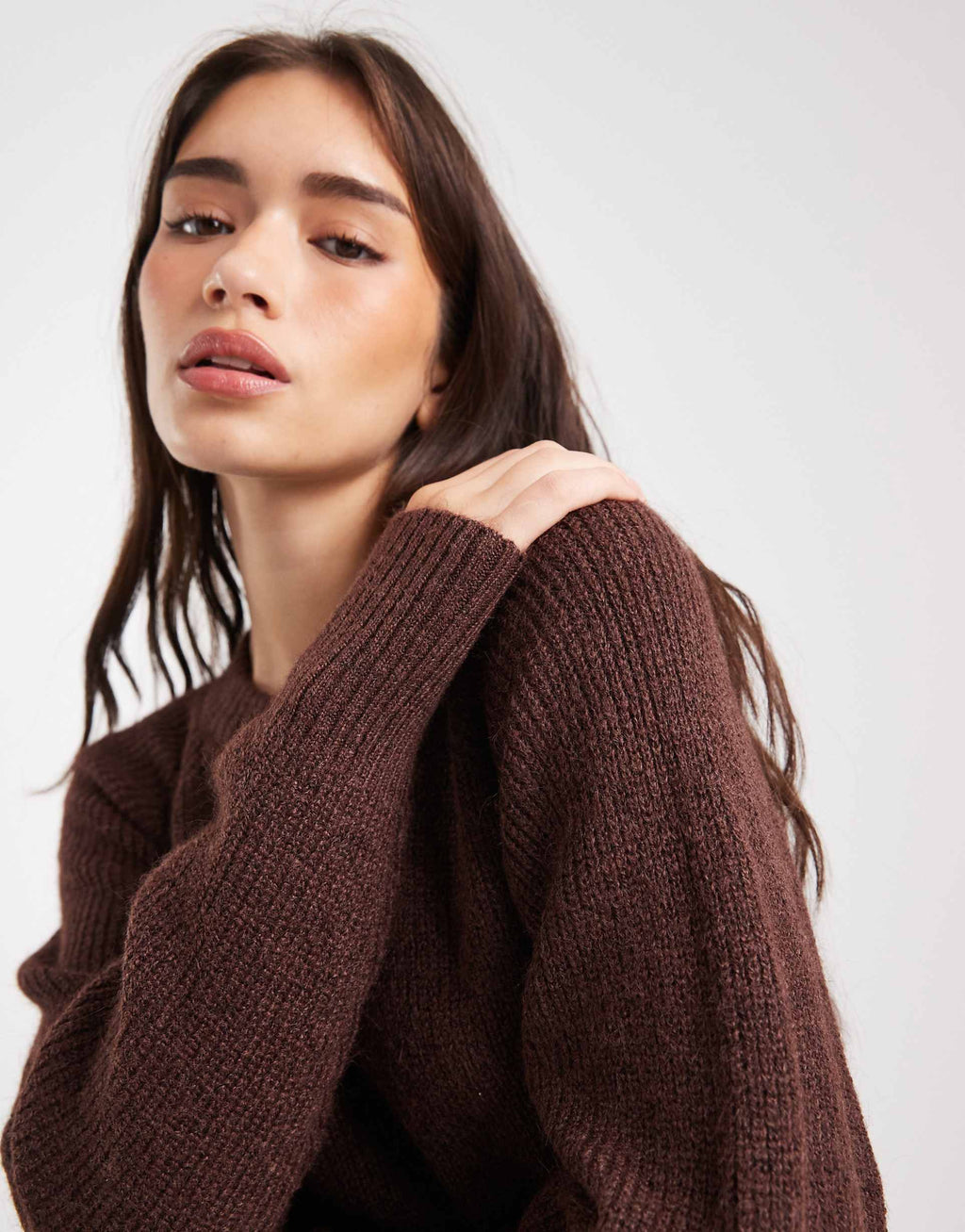 Miss Selfridge crew neck knit mini dress in chocolate