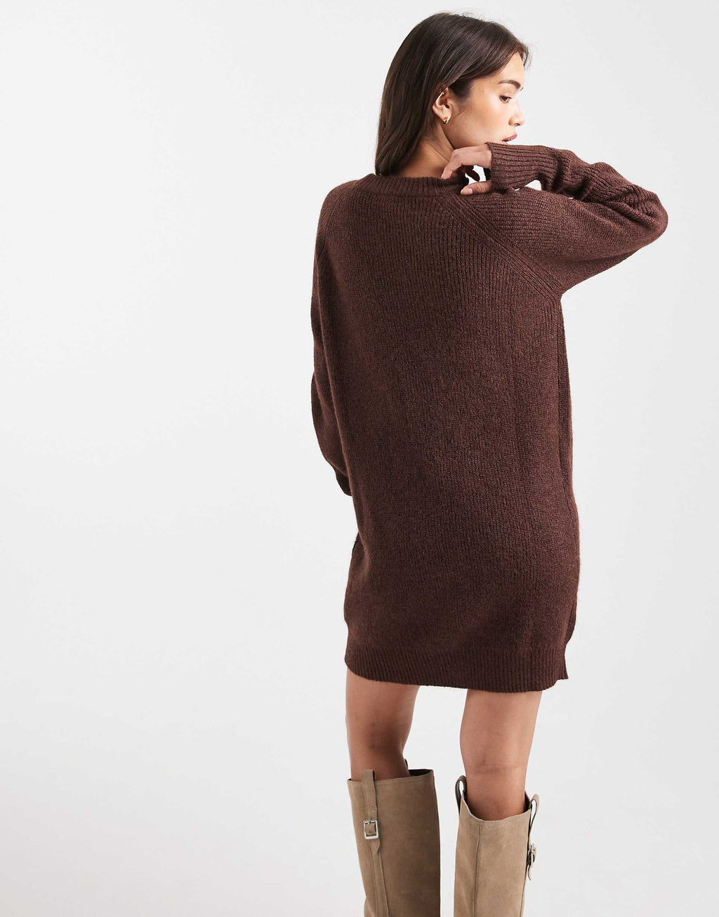 Miss Selfridge crew neck knit mini dress in chocolate