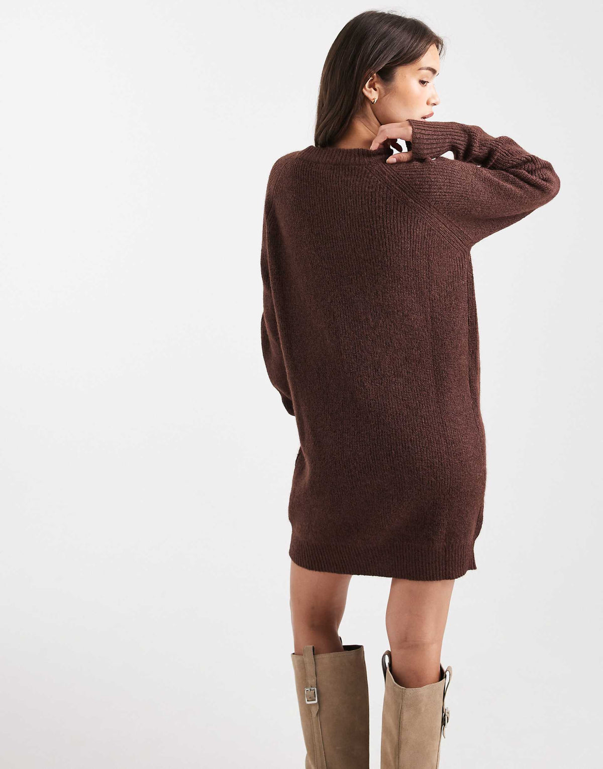 Miss Selfridge crew neck knit mini dress in chocolate