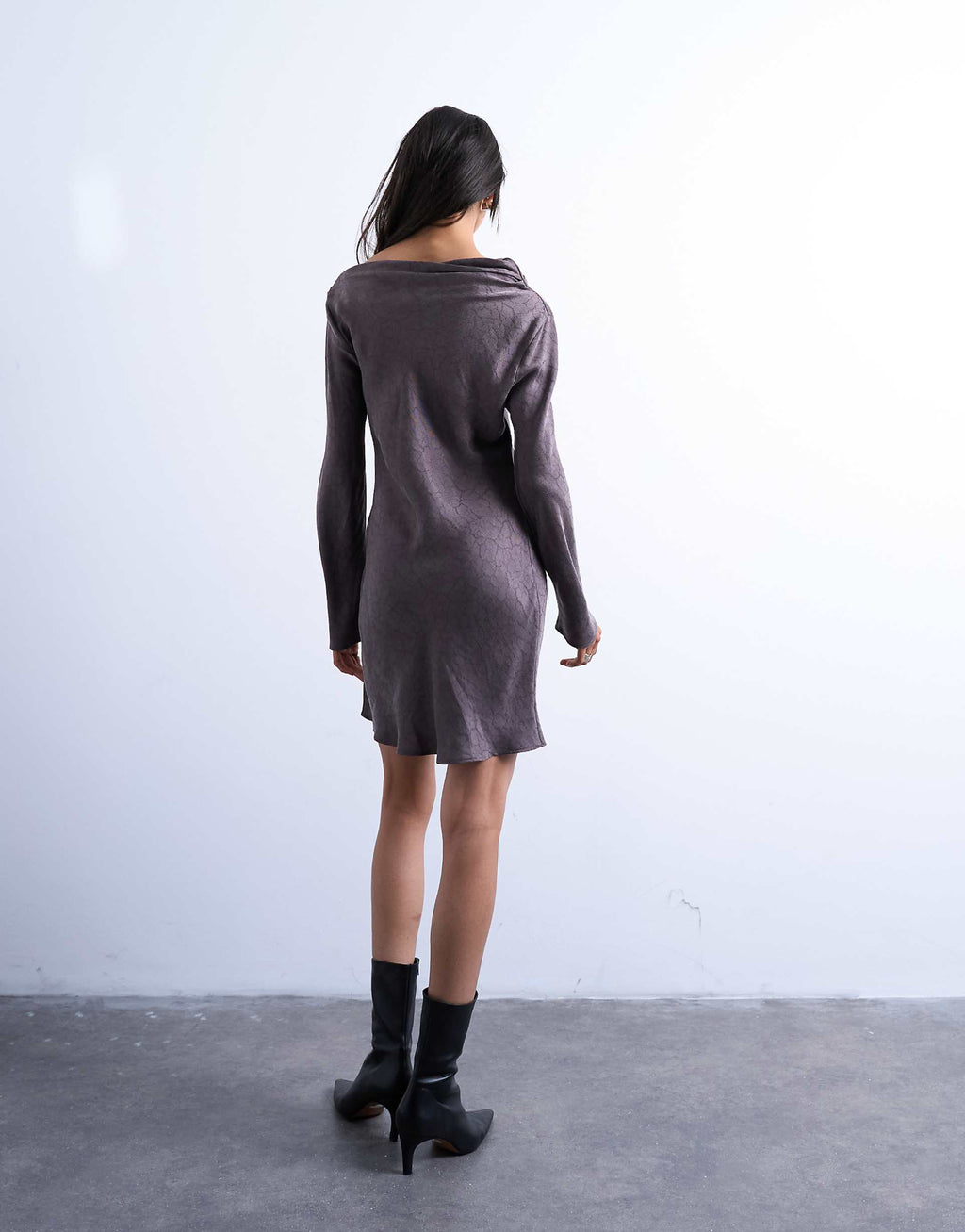 Topshop drape neck mini dress in charcoal mauve cupro jacquard