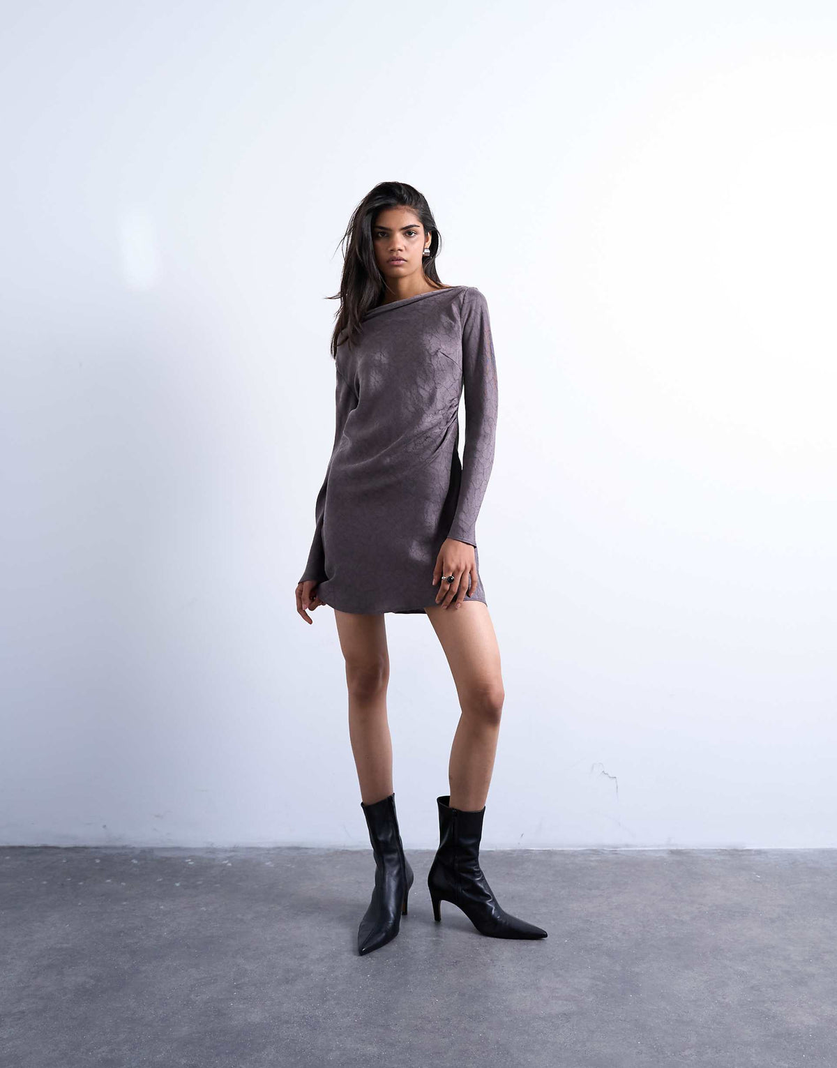 Topshop drape neck mini dress in charcoal mauve cupro jacquard