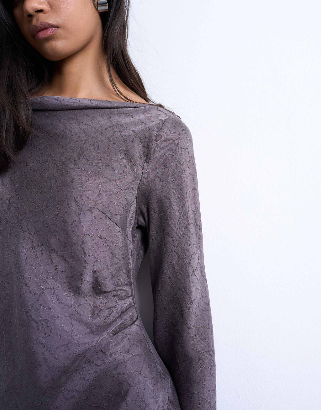 Topshop drape neck mini dress in charcoal mauve cupro jacquard