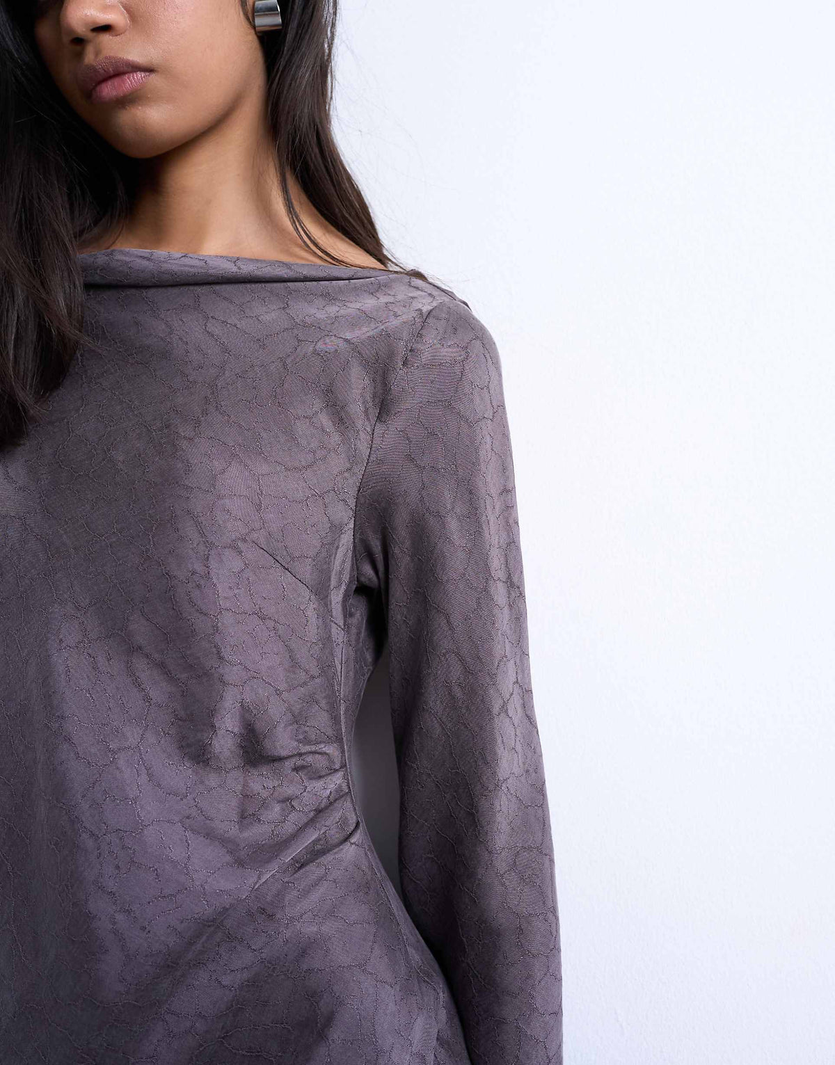 Topshop drape neck mini dress in charcoal mauve cupro jacquard