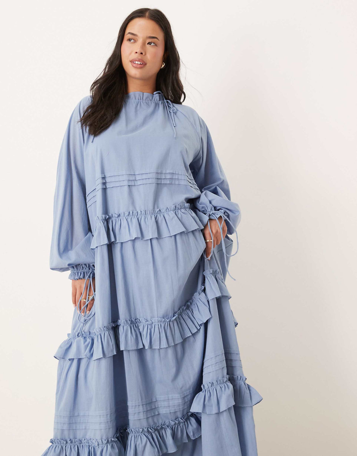 ASOS DESIGN Curve tiered ruffle maxi dress with ties in smokey blue