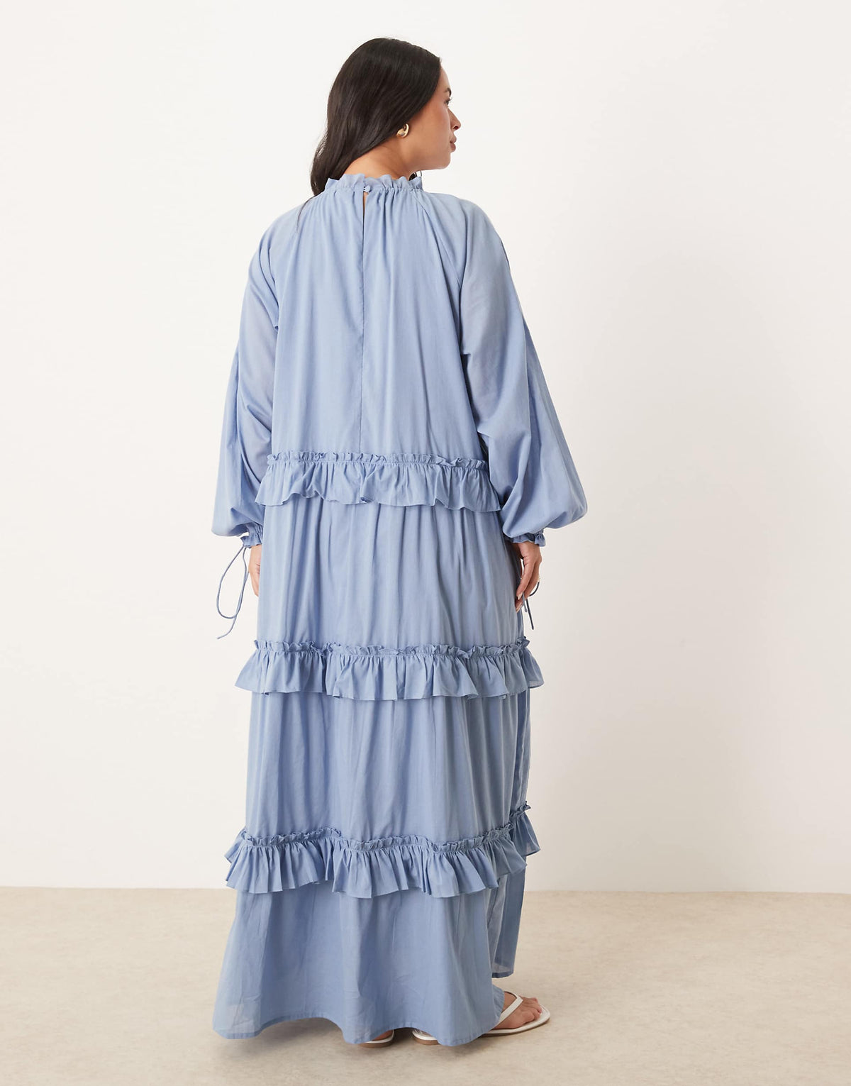 ASOS DESIGN Curve tiered ruffle maxi dress with ties in smokey blue