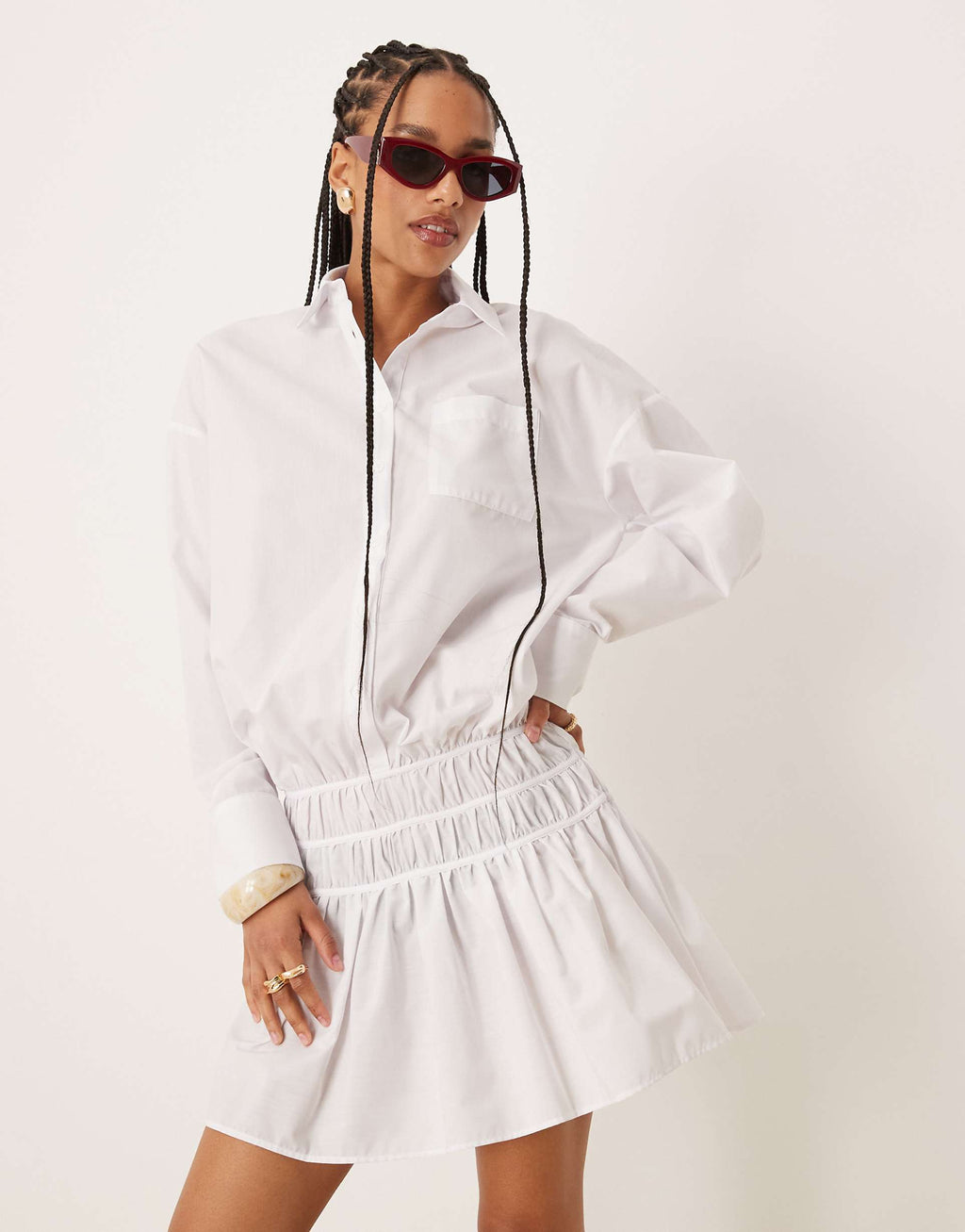 ASOS DESIGN blouson shirt mini dress with dropped waist in white