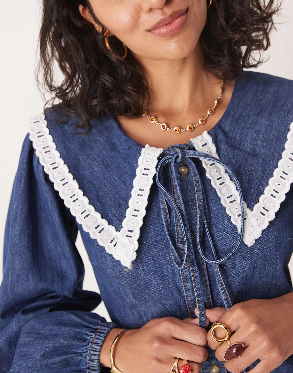 ASOS DESIGN denim long sleeve mini dress with extreme collar in mid wash blue
