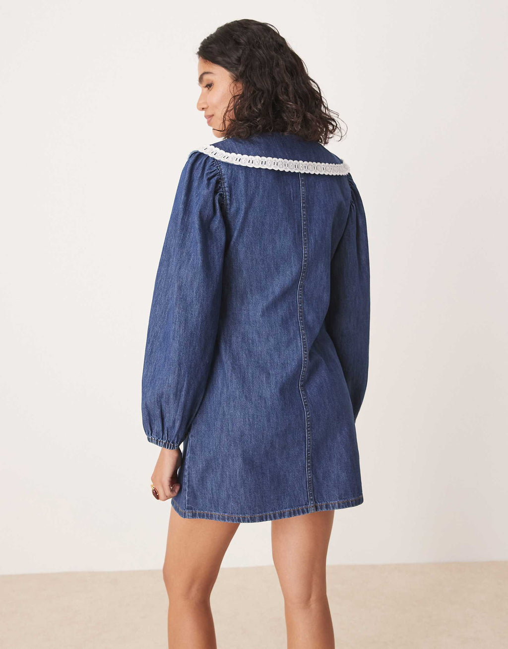 ASOS DESIGN denim long sleeve mini dress with extreme collar in mid wash blue