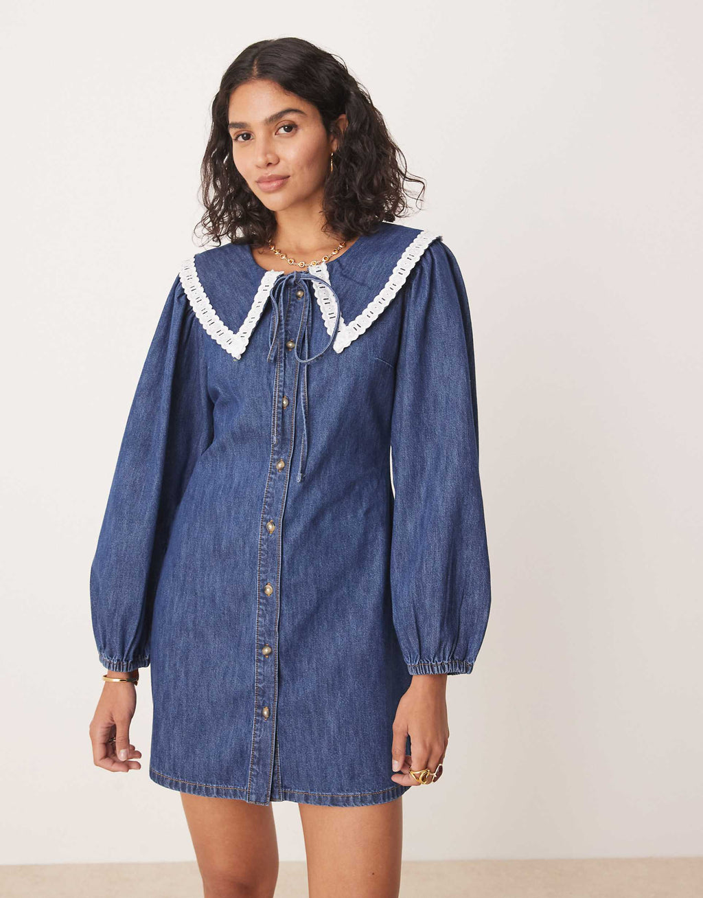 ASOS DESIGN denim long sleeve mini dress with extreme collar in mid wash blue