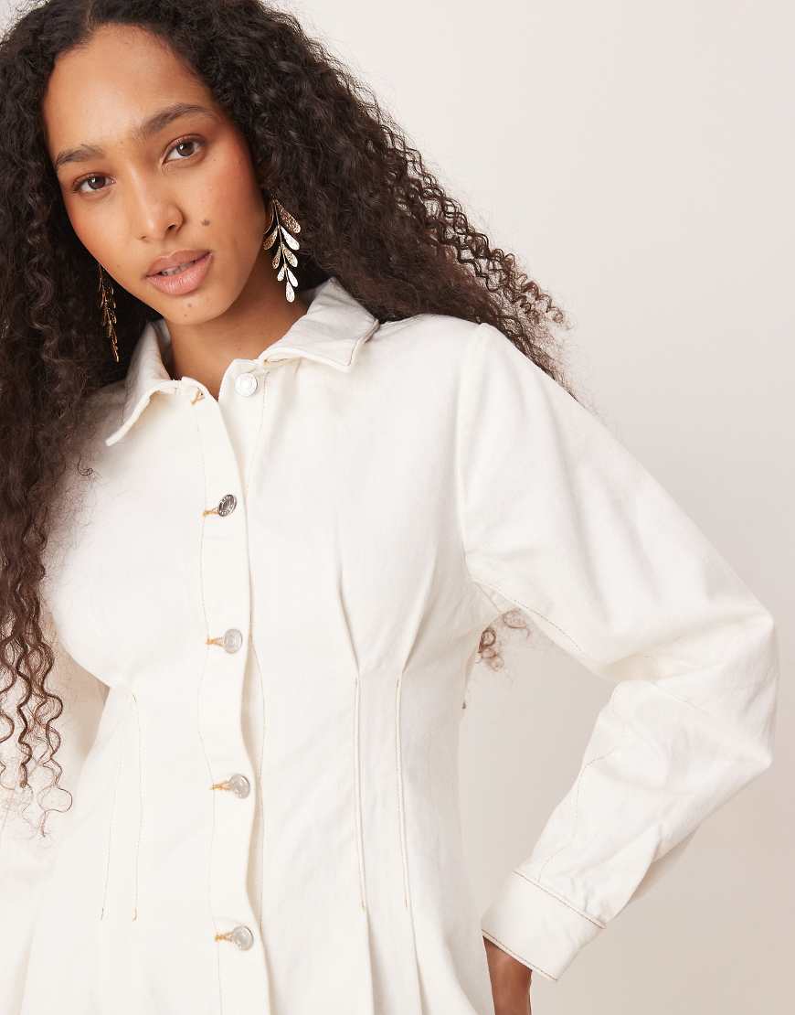 ASOS DESIGN ecru denim shirt dress with cinch waist and cocoon sleeve