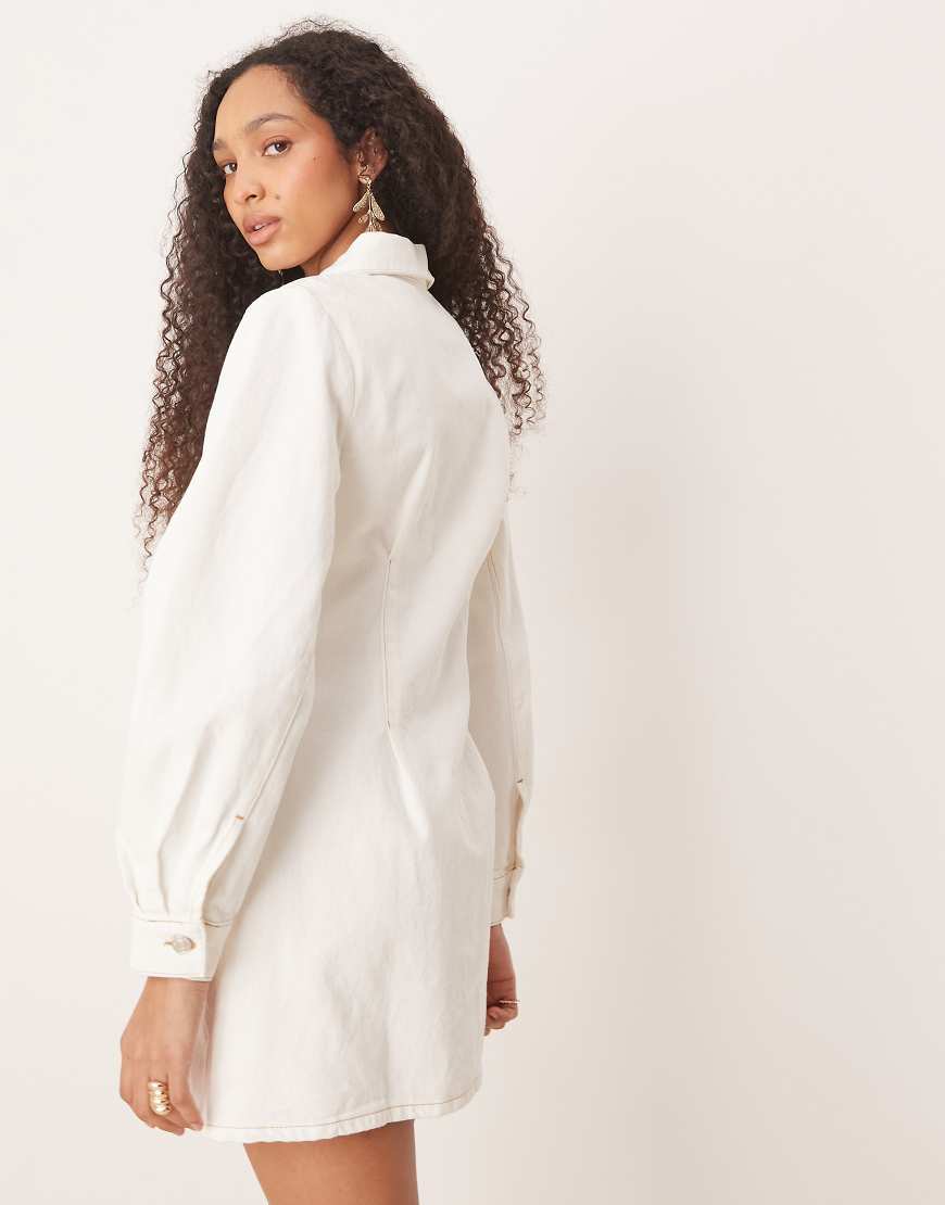 ASOS DESIGN ecru denim shirt dress with cinch waist and cocoon sleeve