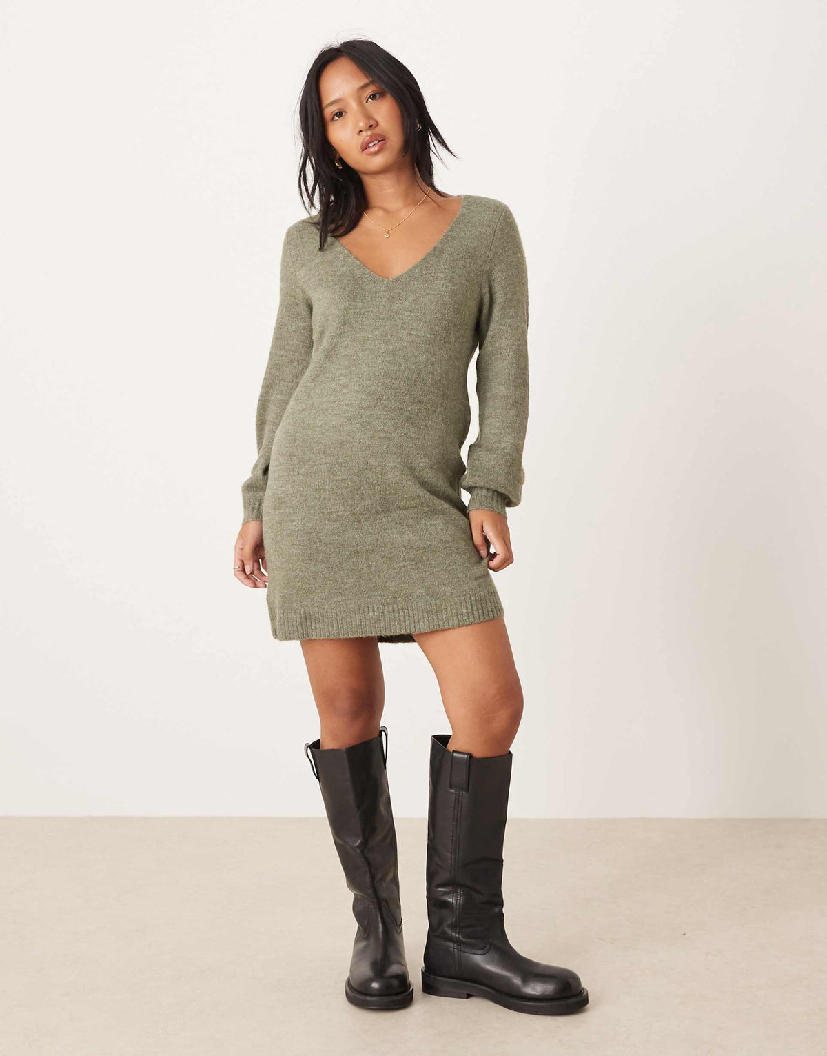 JDY Petite v-neck knit mini dress in dark green