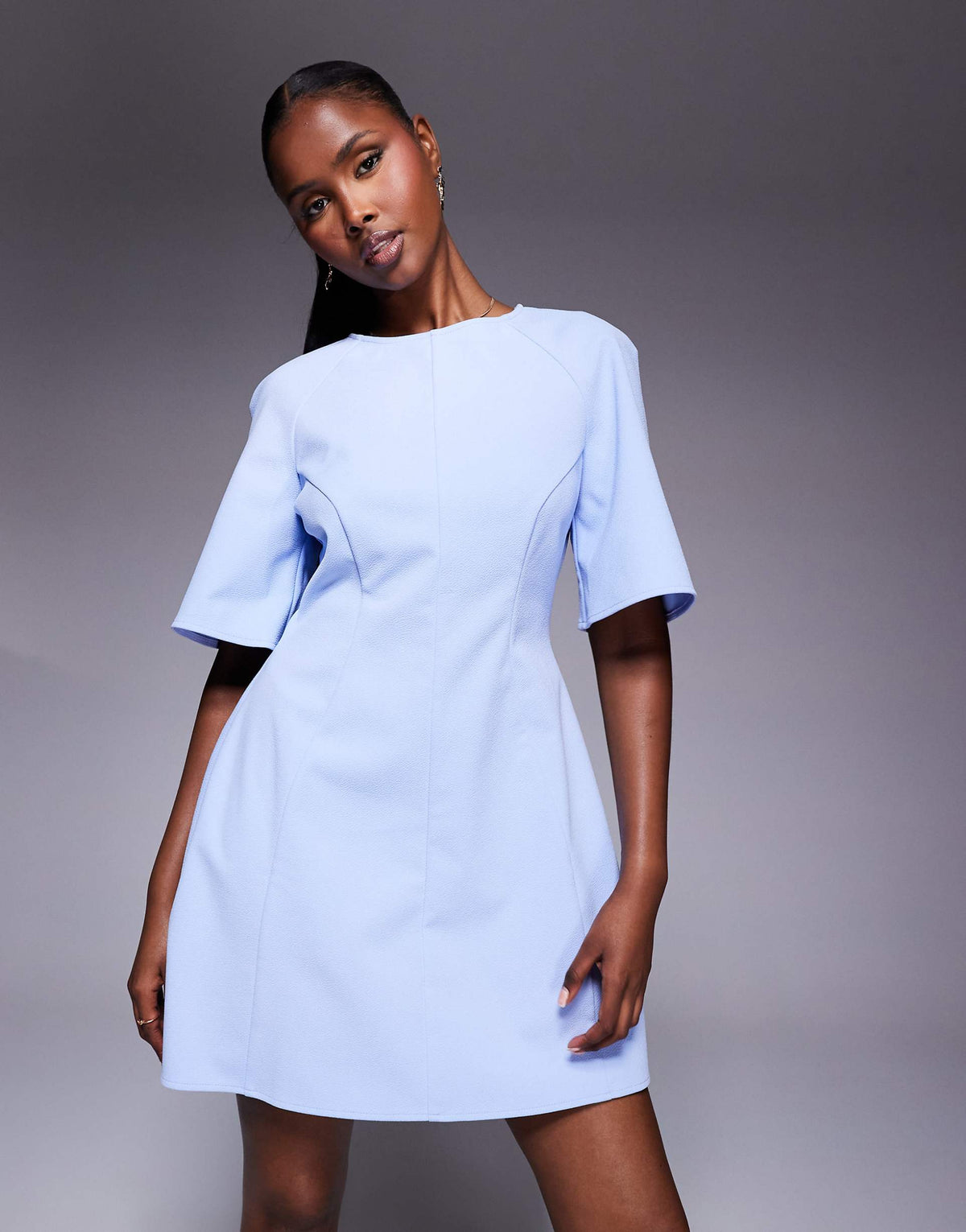 ASOS DESIGN short sleeve seamed dome skirt mini dress in light blue