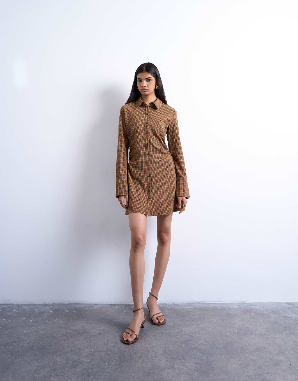 Topshop ruched side shirt dress in mini brown check