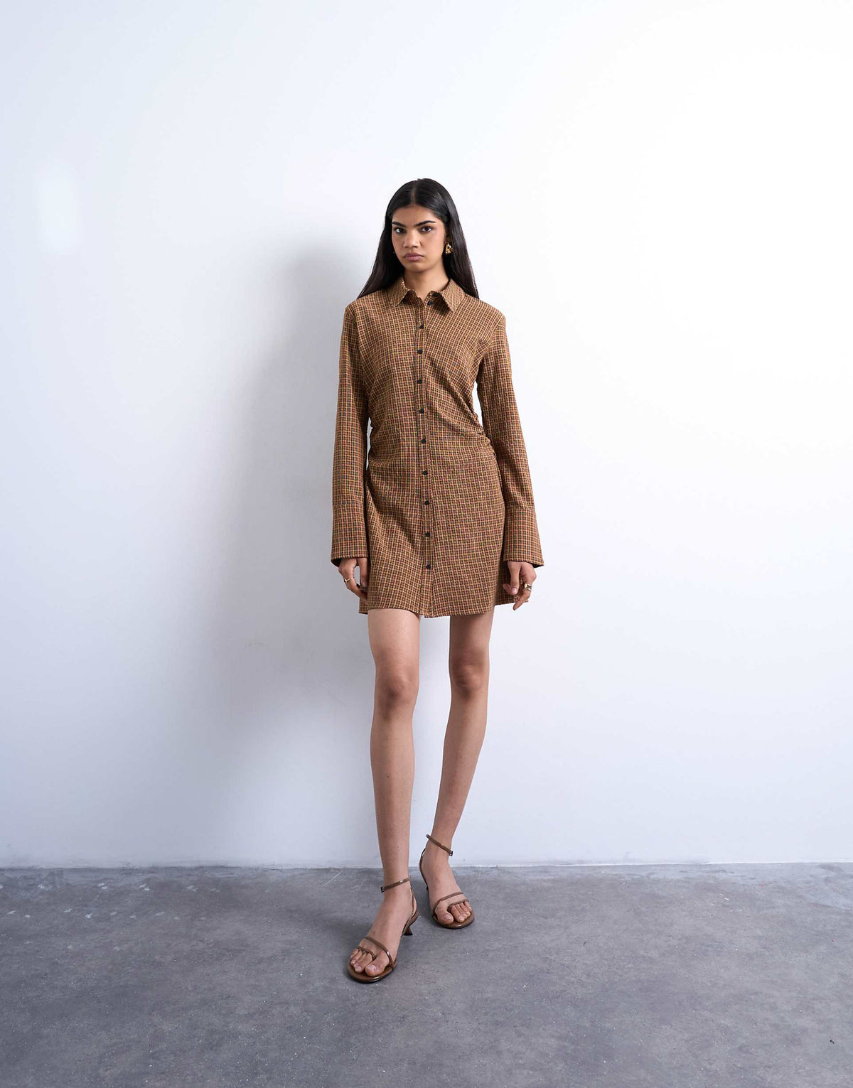 Topshop ruched side shirt dress in mini brown check